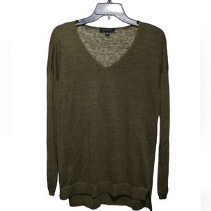 Ann Taylor Women's Linen V-Neck Olive Green Oversized Sweater